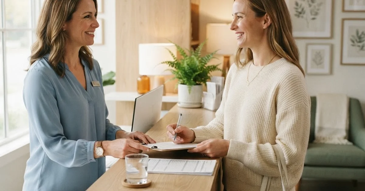 New patient being welcomed at the front desk of Evergreen Endodontics in Issaquah