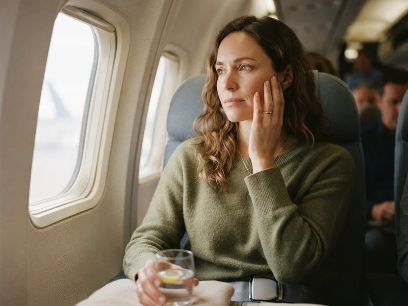 A calm airplane cabin with a traveler seated by the window holding their cheek