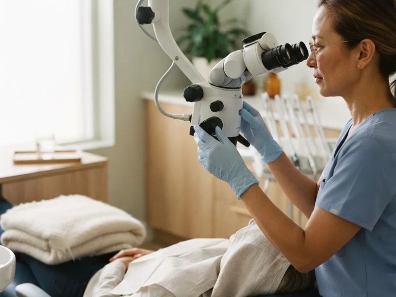 Dental operating microscope providing magnified view of a tooth during root canal treatment at Evergreen Endodontics