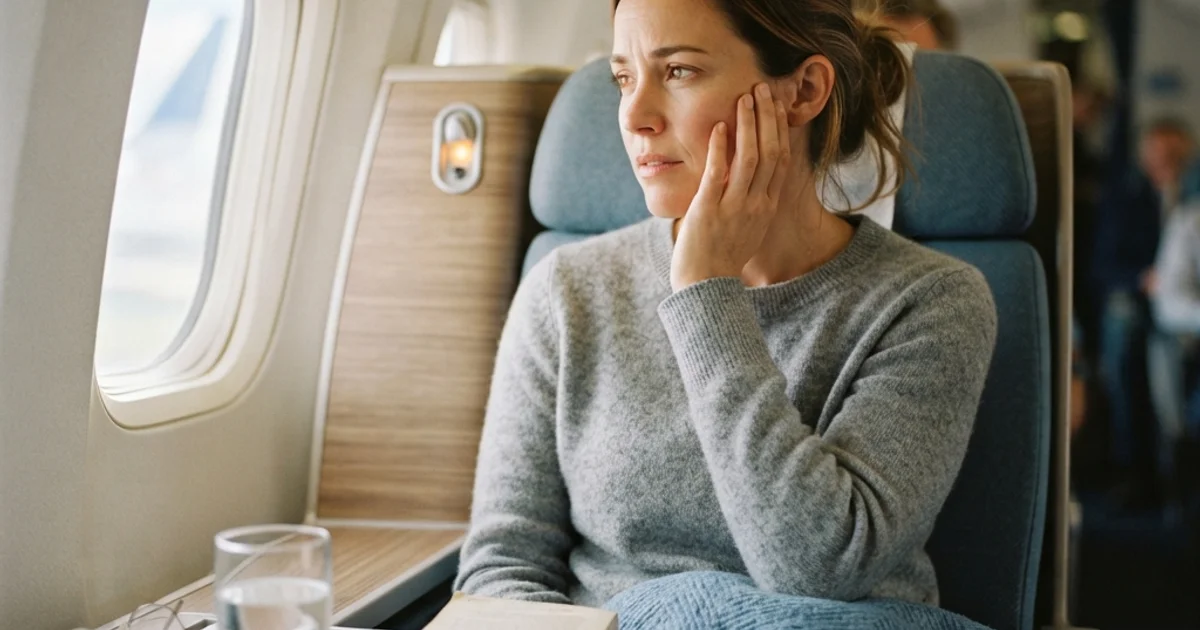 A traveler by an airplane window gently touching their cheek due to tooth pain