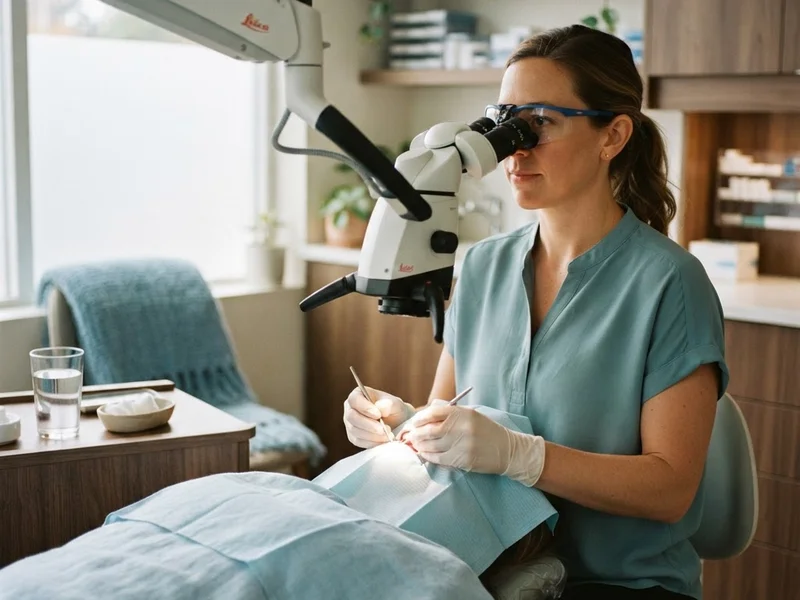 Detailed view of a properly sealed root canal under a dental microscope at Evergreen Endodontics