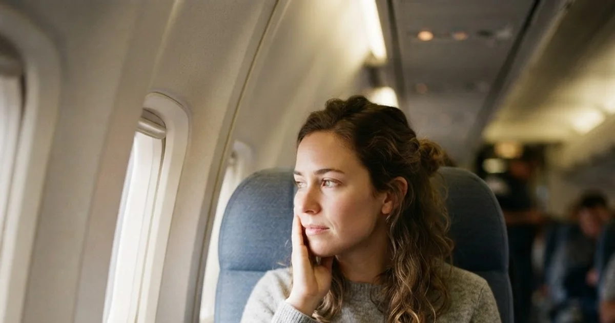 A traveler by an airplane window gently touching their cheek due to tooth pain