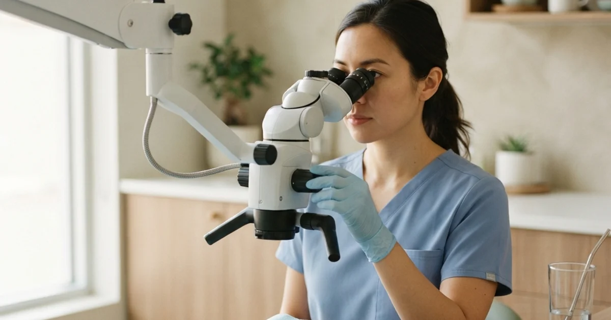 Dr. Nima Dejbod using a dental operating microscope for precise root canal treatment in Issaquah